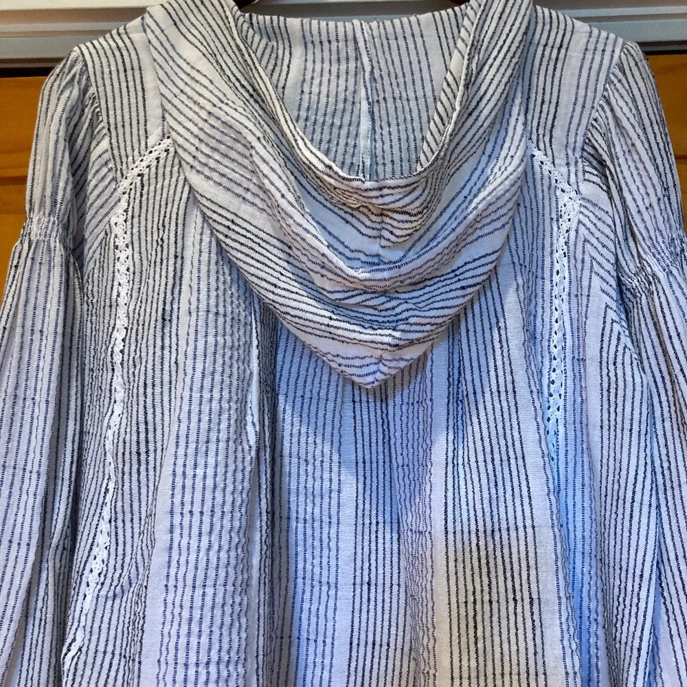 Free People Hooded Puff Sleeve Swing Shirt White, Black, Blue Stripes Size XS